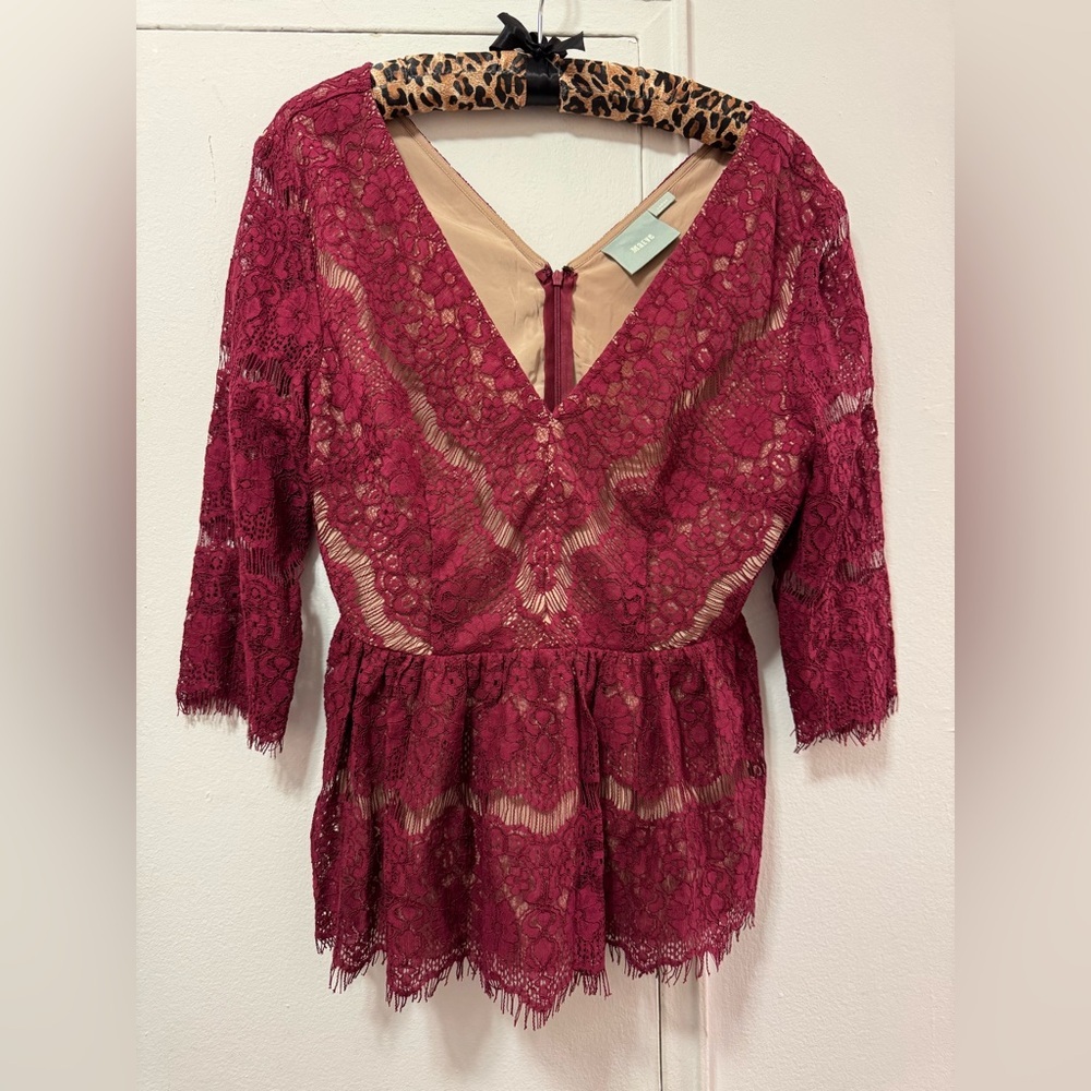 Anthropologie Maeve Lace Peplum Top Burgundy Large - Picture 4 of 7